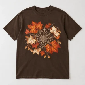 Front flat lay of dark brown Autumn Web fall spider web shirt
