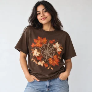 Woman wearing dark brown Autumn Web tee under an open flannel