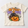 Front flat lay of cream Baby Spider Boo toddler Halloween spider shirt with MY FIRST WEB-O-WEEN print