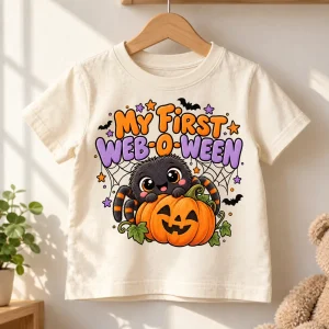 Cream Baby Spider Boo toddler Halloween spider shirt displayed on a natural wooden hanger
