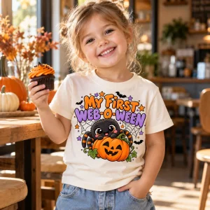 Lifestyle view of child wearing cream Baby Spider Boo toddler Halloween spider shirt in a cozy setting