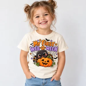 Child wearing cream Baby Spider Boo toddler Halloween spider shirt with orange and lavender graphic