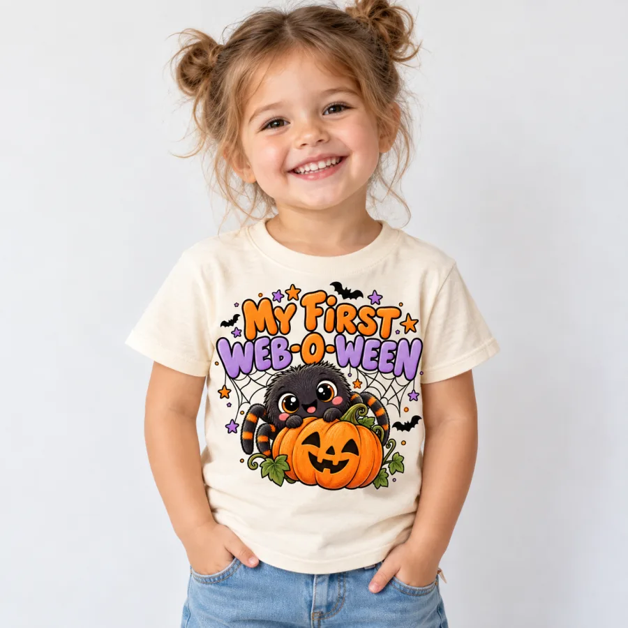 Child wearing cream Baby Spider Boo toddler Halloween spider shirt with orange and lavender graphic