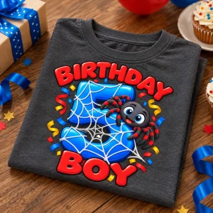 Folded charcoal Birthday Boy Web 5 shirt showing the blue numeral
