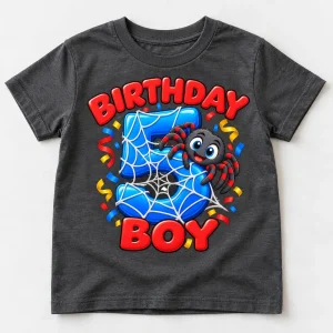 Front flat lay of charcoal Birthday Boy Web 5 spider birthday boy shirt
