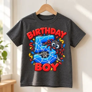 Charcoal Birthday Boy Web 5 kids tee on a small wooden hanger