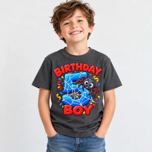 Young boy wearing charcoal Birthday Boy Web 5 tee with the blue number 5