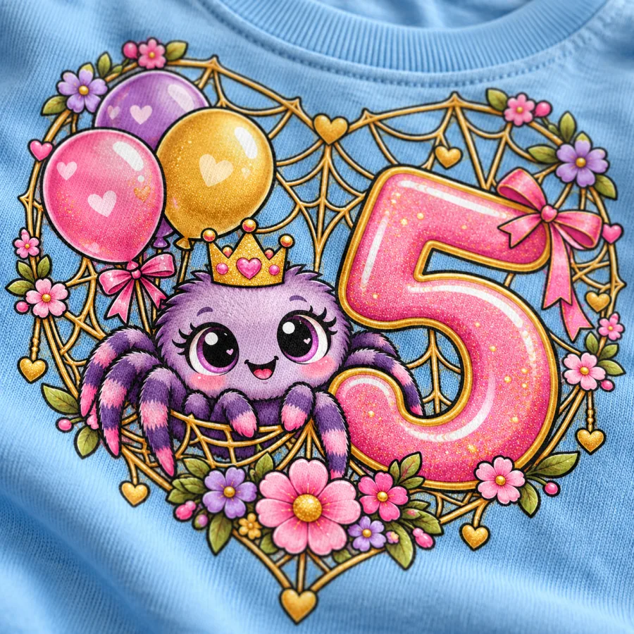 Close-up of Birthday Crawler Cake print showing cute spider, birthday cake, presents and colorful lettering on cotton fabric