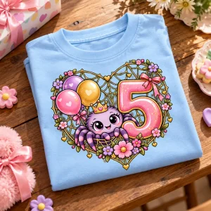 Folded light blue Birthday Crawler Cake cute spider birthday shirt with front artwork visible
