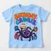 Front flat lay of light blue Birthday Crawler Cake toddler tee with cute spider birthday shirt design