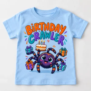 Front flat lay of light blue Birthday Crawler Cake toddler tee with cute spider birthday shirt design