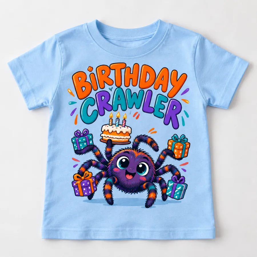 Front flat lay of light blue Birthday Crawler Cake toddler tee with cute spider birthday shirt design