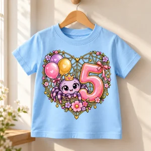 Light blue Birthday Crawler Cake toddler tee on wooden hanger showing orange teal and purple spider birthday print