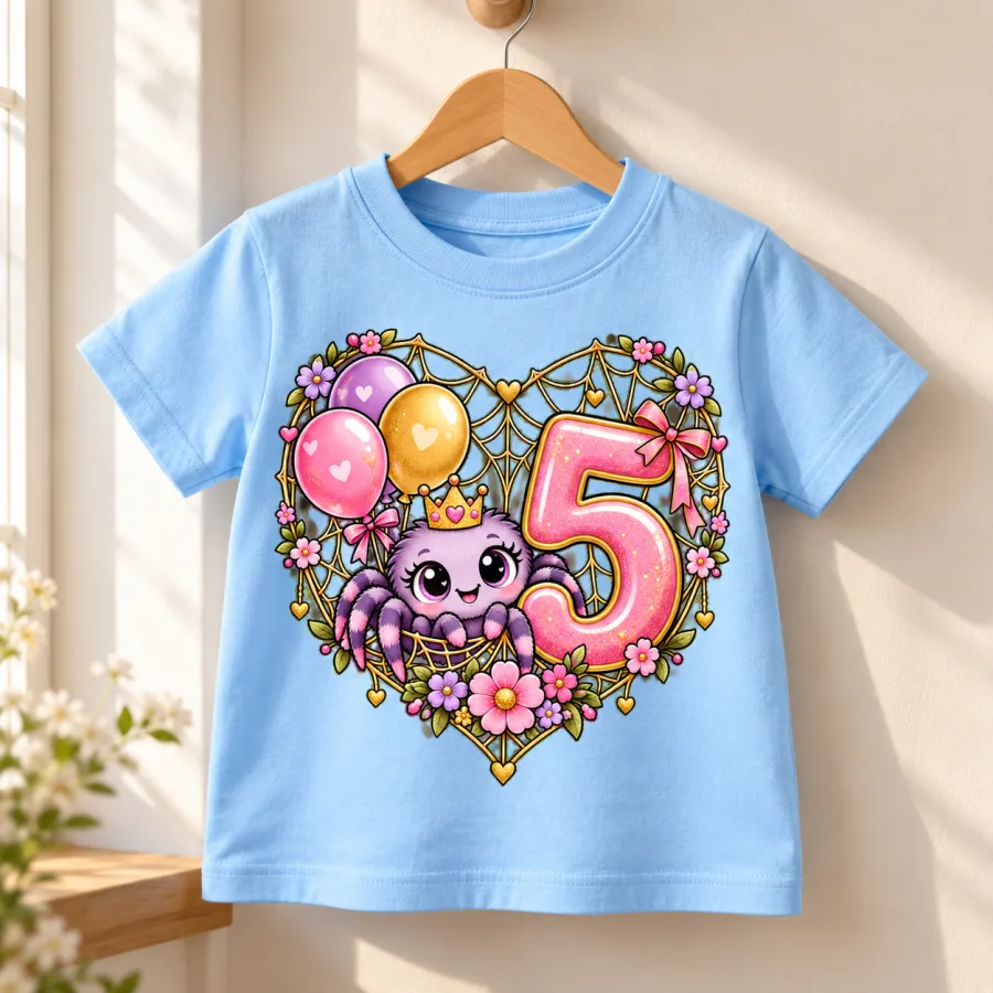 Light blue Birthday Crawler Cake toddler tee on wooden hanger showing orange teal and purple spider birthday print
