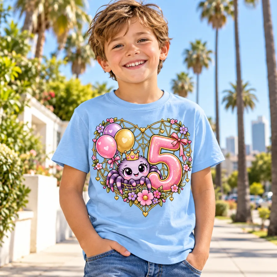 Lifestyle photo of child wearing light blue Birthday Crawler Cake spider birthday tee with colorful front graphic