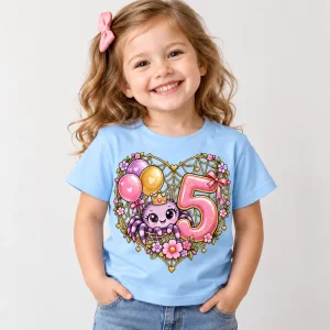 Child wearing light blue Birthday Crawler Cake cute spider birthday shirt with colorful cake and presents graphic