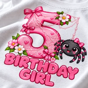 Close-up of the pink number 5, web strands, bows and smiling spider