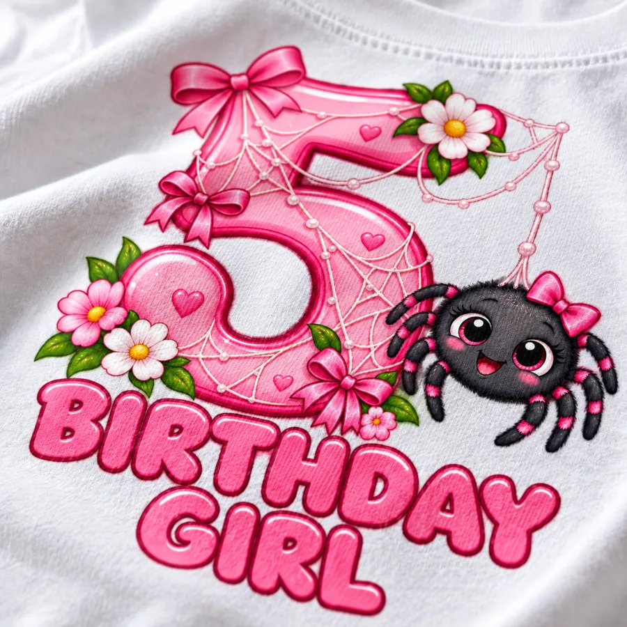 Close-up of the pink number 5, web strands, bows and smiling spider