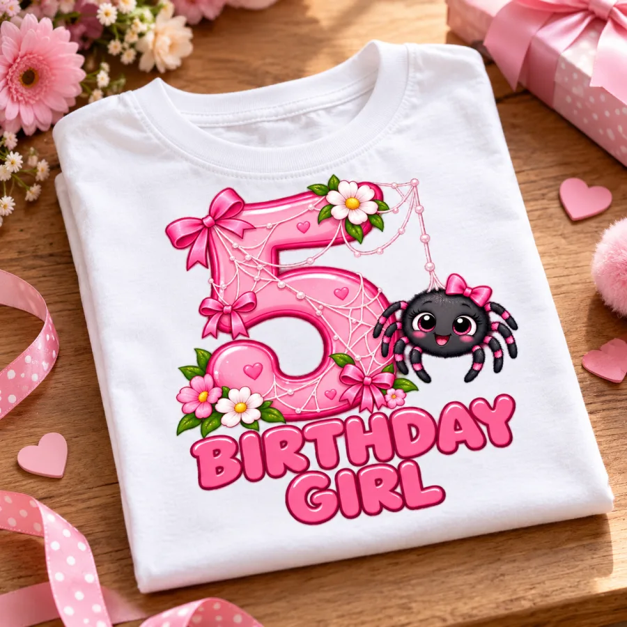 Folded white Birthday Girl Web 5 shirt with the pink web artwork showing