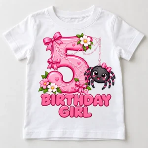 Front flat lay of white Birthday Girl Web 5 spider birthday girl shirt
