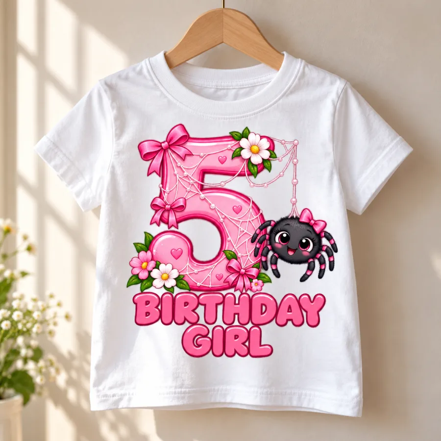 White Birthday Girl Web 5 kids tee hanging on a pink hanger