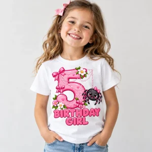 Young girl wearing white Birthday Girl Web 5 tee with the pink number 5