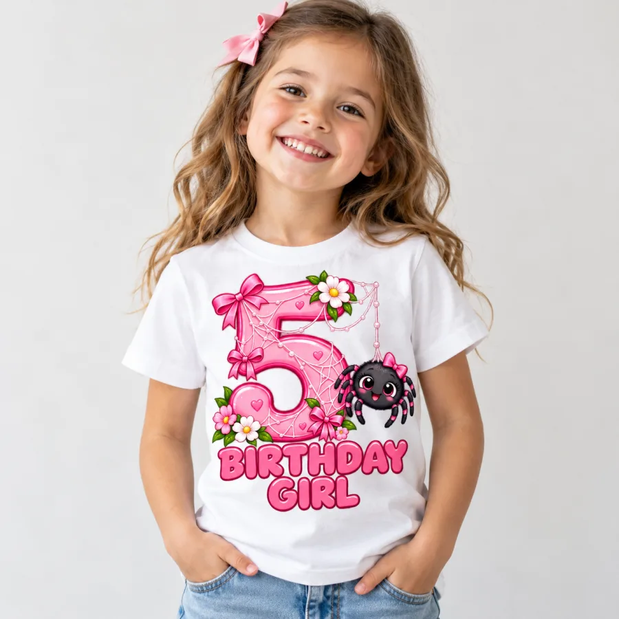 Young girl wearing white Birthday Girl Web 5 tee with the pink number 5