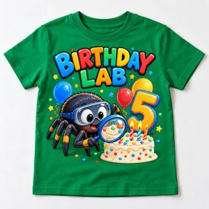 Front flat lay of green Birthday Science Spider kids tee with colorful BIRTHDAY LAB spider, cake, balloons and number 5 artwork