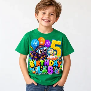 Cheerful child wearing green Birthday Science Spider science spider birthday shirt with colorful fifth birthday front graphic