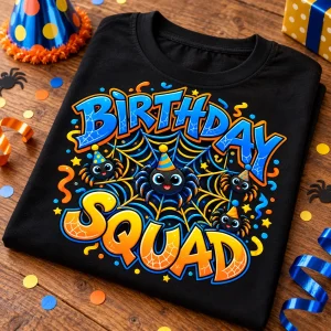 Close-up of Birthday Squad Web print with bold lettering, orb web, tiny spiders, confetti and party hats