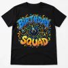 Front flat lay of black Birthday Squad Web spider birthday squad shirt with bright web and party artwork