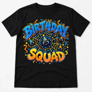 Front flat lay of black Birthday Squad Web spider birthday squad shirt with bright web and party artwork