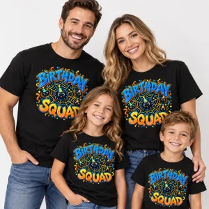 Black Birthday Squad Web family birthday tee displayed on a hanger with front graphic visible