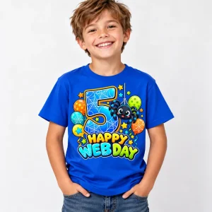 Cheerful child wearing Royal blue Birthday Web 5 spider birthday shirt age 5 with large colorful fifth-birthday spider graphic