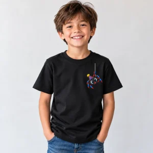Child wearing black Birthday Web Crew spider birthday squad shirt