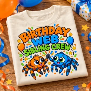 Folded Cream Kids Birthday Web Heart birthday tee showing the colorful web heart, number 5 and spider party artwork