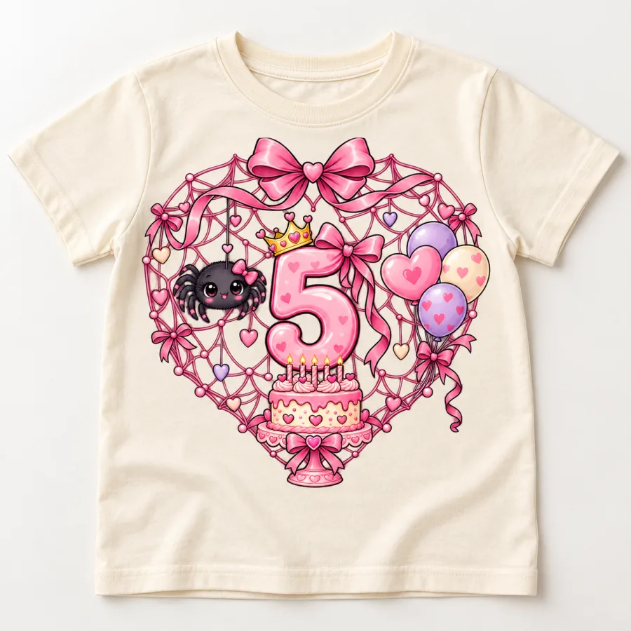 Front flat lay of Cream Kids Birthday Web Heart spider birthday shirt girl age 5 with pink web heart, number 5, bows, cake and balloons
