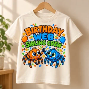 Cream Kids Birthday Web Heart tee on wooden hanger with pink number 5, spider, bows, cake and pastel balloons