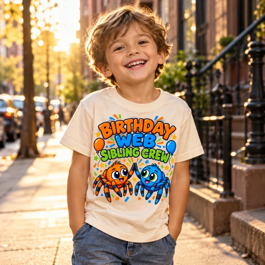 Lifestyle view of child wearing Cream Kids Birthday Web Heart spider birthday shirt girl age 5 with colorful fifth-birthday artwork