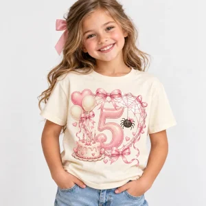 Girl wearing Cream Kids Birthday Web Heart spider birthday shirt girl age 5 with pastel web heart and number 5 artwork