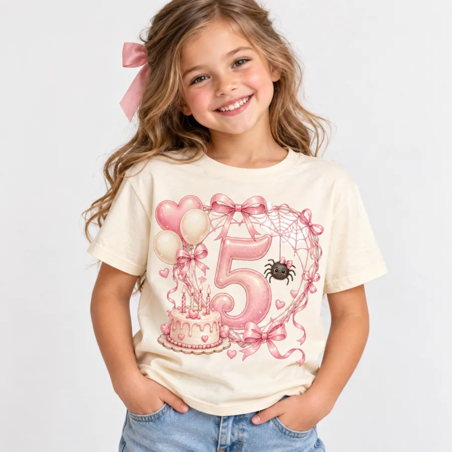 Girl wearing Cream Kids Birthday Web Heart spider birthday shirt girl age 5 with pastel web heart and number 5 artwork