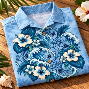 Folded light blue Blue Lagoon Web tropical spider web shirt showing ocean wave, flower and spider artwork