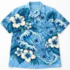 Front flat lay of light blue Blue Lagoon Web tropical spider web Hawaiian shirt with ocean waves, flowers and small spiders