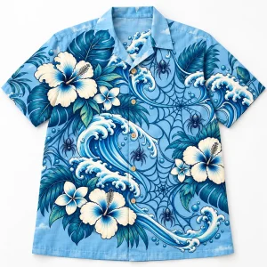 Front flat lay of light blue Blue Lagoon Web tropical spider web Hawaiian shirt with ocean waves, flowers and small spiders
