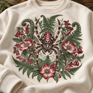Close-up of Botanical Crawler Crew spider, fern and wildflower print on Natural sweatshirt fabric