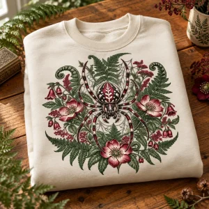 Folded Natural Botanical Crawler Crew botanical spider sweatshirt showing the centered spider and botanical print