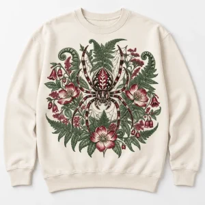 Front flat lay of Natural Botanical Crawler Crew botanical spider sweatshirt with fern and wildflower print