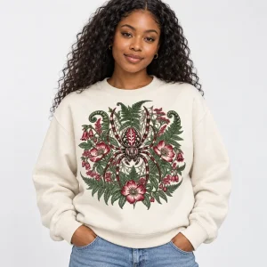 Natural Botanical Crawler Crew botanical spider sweatshirt hanging on a wooden hanger against a soft wall