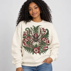 Black woman wearing Natural Botanical Crawler Crew botanical spider sweatshirt in a studio front view
