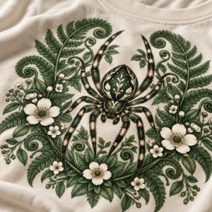Close-up of Botanical Spider print showing detailed spider, fern, flower linework and cotton fabric texture